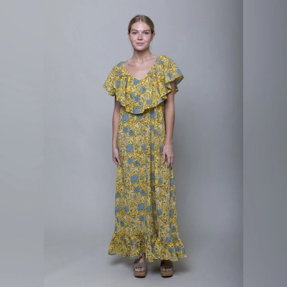 MILLE Resort & Travel Juliet Yellow Blue Floral Ruffle Maxi Summer Cotton Dress